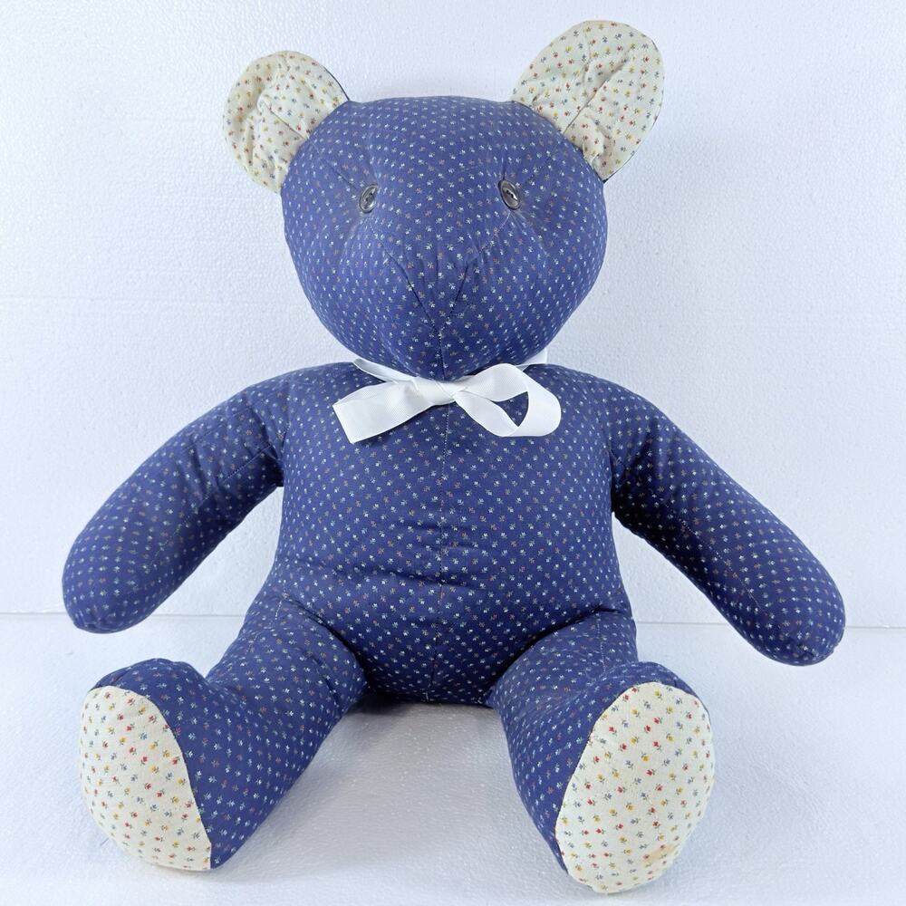 Handmade Memory Bear Keepsake Plush Teddy Blue Cotton Patchwork Stuffed Animal